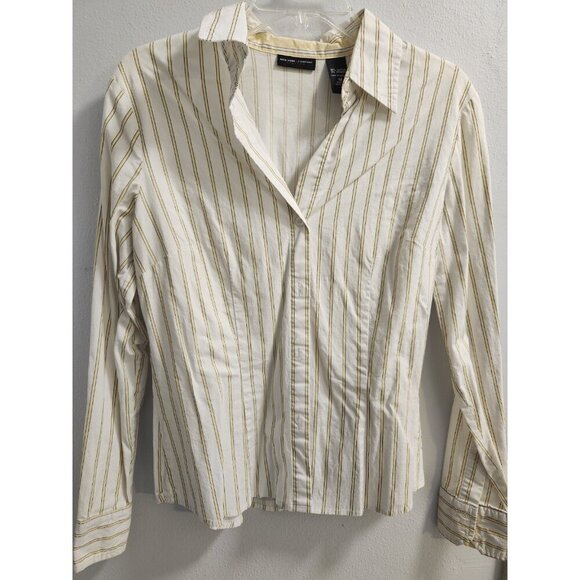 Womens New York Company Yellow Stripe Casual Button Down Blouse Shirt Medium - Picture 5 of 8